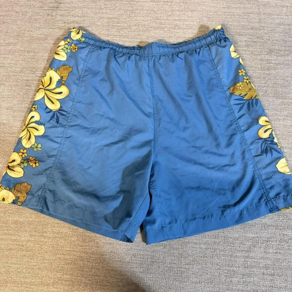 Bungalow Brand Shorts Mens Small Blue Floral Hawaiian Swim Trunks Mesh Lined